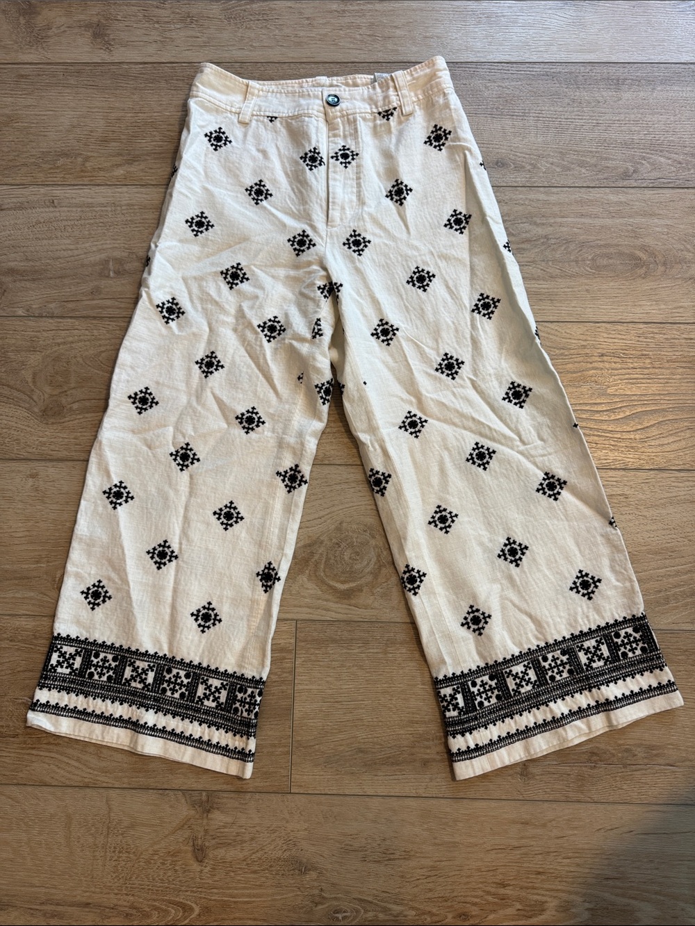 Zara- Linen Blend Wide Leg Embroidered Pants